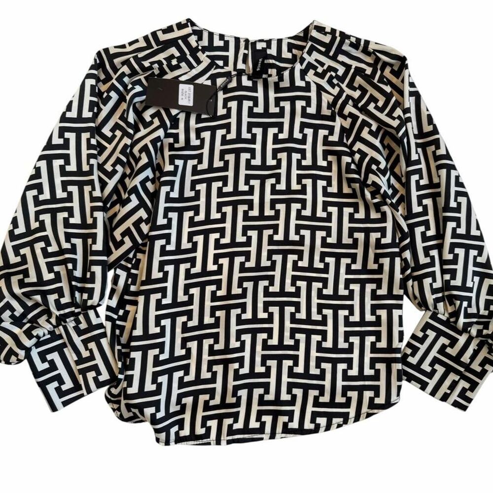 Venti6 black and beige geometric pattern blouse with long sleeves